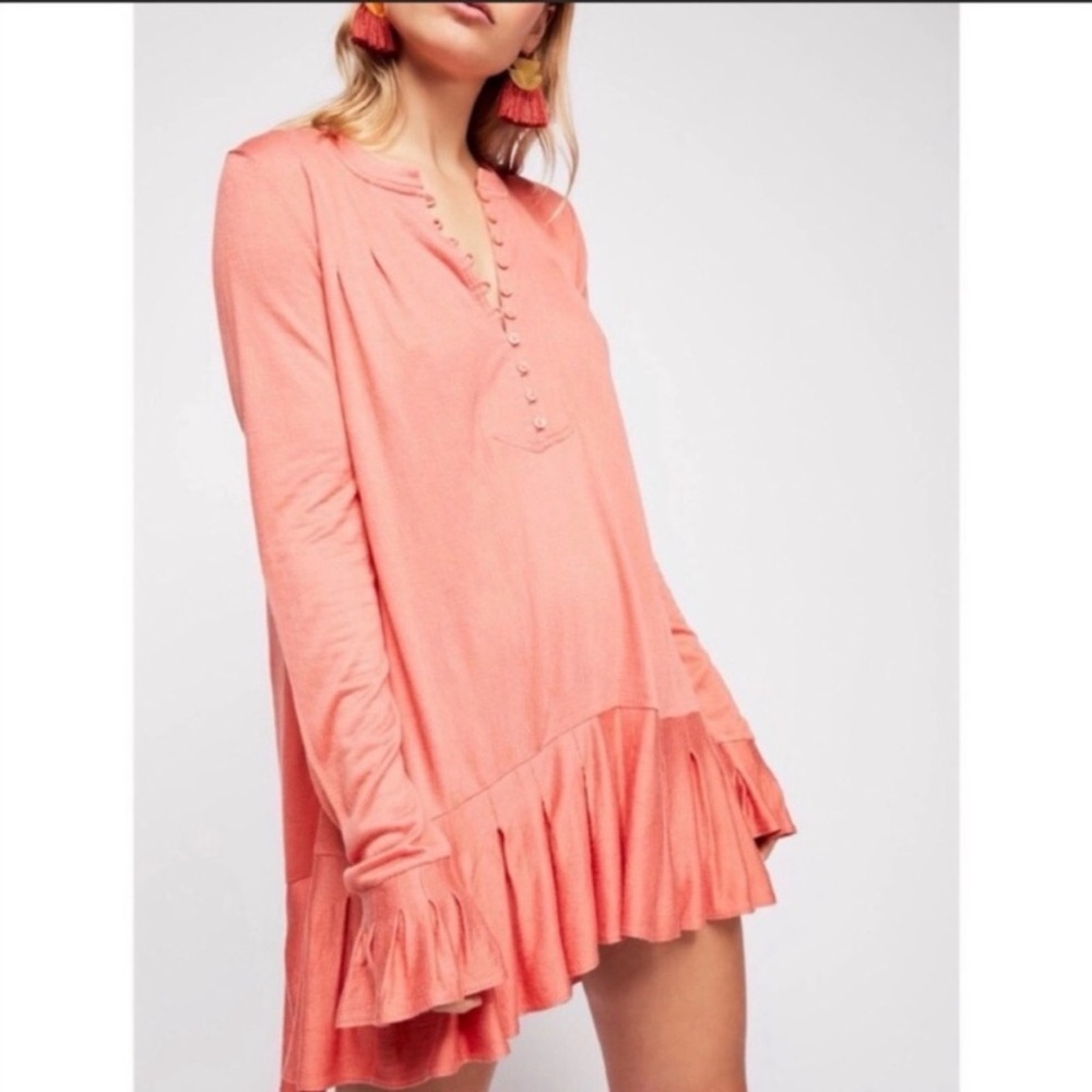 Free People Pink Long Sleeve‎ Waffle Henley Knit Your Girl Tunic Dress XS - Picture 2 of 9